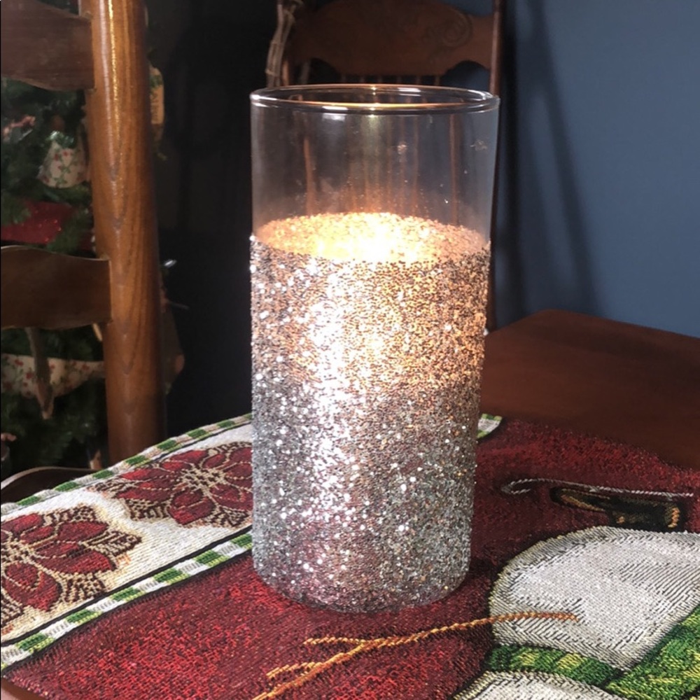 Ten 7 1/2” glass cylinders with glitter